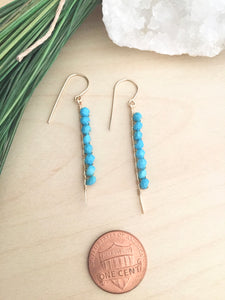 Turquoise beads wire wrapped on hammered 14k gold fill bars and on 14k gold fill ear wires 