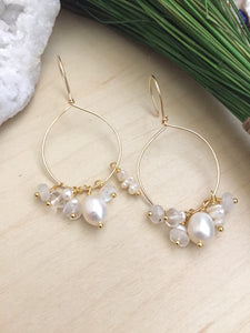 Gold Fill Hoops with White Pearl and Gemstone Dangles