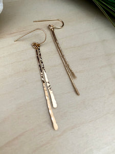 Hammered bar earrings in gold fill with two dangles attached to 14k gold fill ear wires 