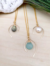 Load image into Gallery viewer, Handmade 14k gold fill gemstone or pearl necklace with a hammered and hand formed gold wish bone frame and a wire wrapped white freshwater pearl, labradorite or aqua chalcedony drop  within the frame