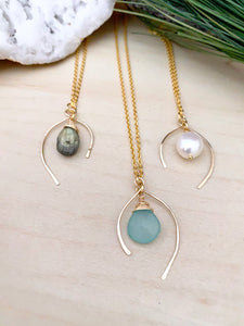 Handmade 14k gold fill gemstone or pearl necklace with a hammered and hand formed gold wish bone frame and a wire wrapped white freshwater pearl, labradorite or aqua chalcedony drop  within the frame