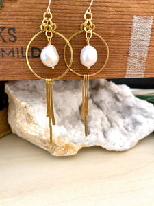 Brass and Freshwater Pearl Statement Earrings - Gold Filled Ear Wires