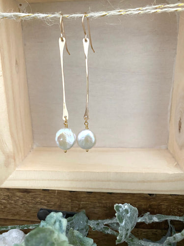 Stick and Circle -  White Coin Pearl Earrings on Gold Fill Sticks