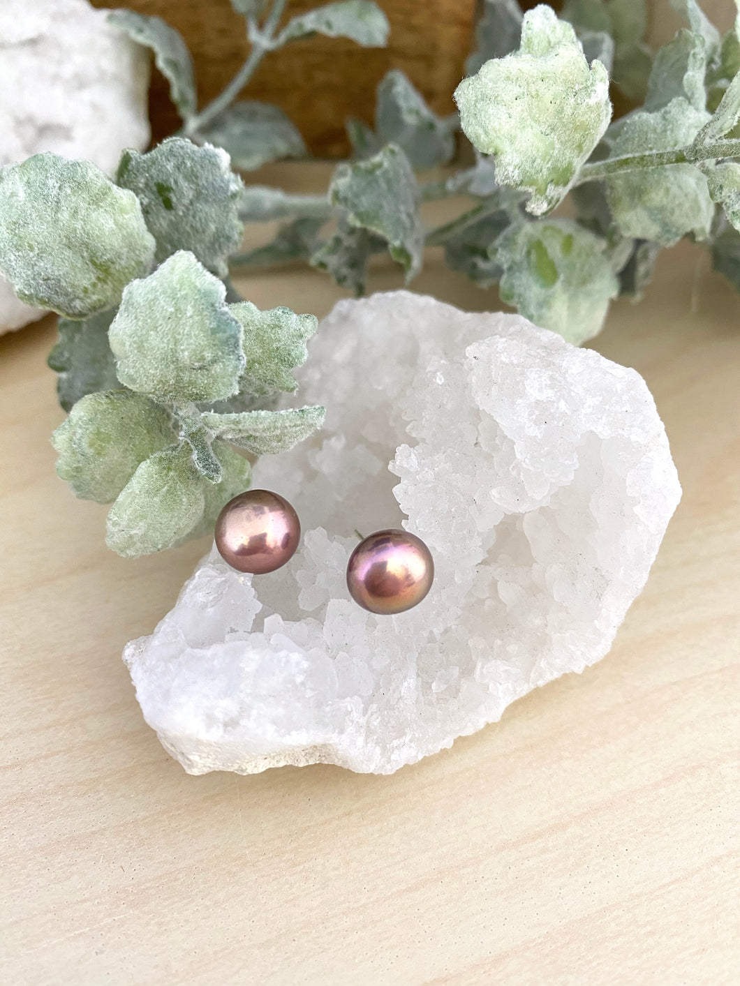 Metallic Mauve Pink Freshwater Pearl Earrings on Sterling Silver Posts