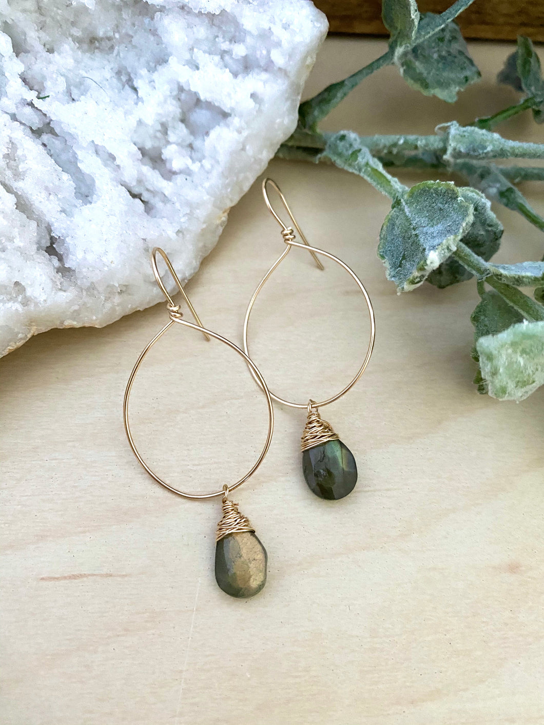 Hoop Earrings with Labradorite Drop - Gold fill or Sterling Silver