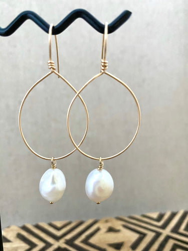 Hoop Earrings with White Freshwater pearl Drop - Gold fill or Sterling Silver