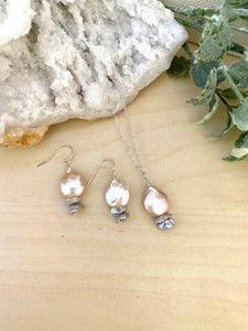 Pink and Grey Freshwater Coin Pearl Necklace and Earring Gift Set