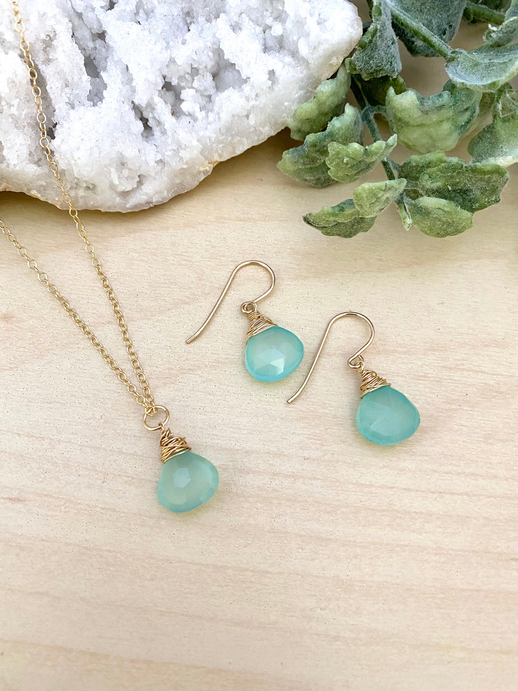 Aqua Chalcedony Necklace and Earring Gift Set in 14k Gold Fill