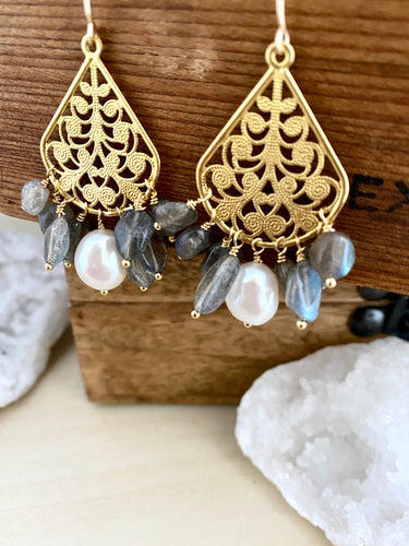 Pearl and Labradorite filigree earrings