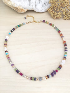 Colourful Confetti Choker - Mixed Gemstone Choker Necklace Adjustable 14 to 16 inches Bright pop of Color