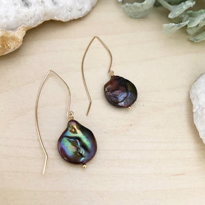 Black Freshwater Pearl Coin Earrings with Long Gold Fill ear wires