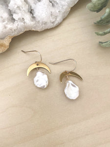 Pearl and gold crescent moon earrings - 14k gold filled ear wires