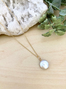 Small White Single Coin Pearl Necklace - Gold Fill or Sterling Silver