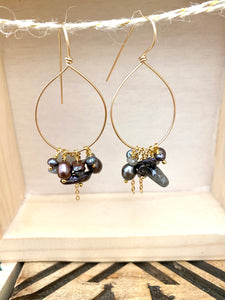 Gold Fill Hoops with Dark Pearls and Gemstone Dangles