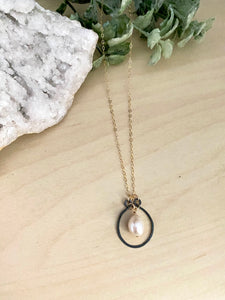 Pearl Necklace in Oxidised Silver Frame - 14k gold filled chain