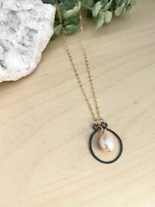 Pearl Necklace in Oxidised Silver Frame - 14k gold filled chain