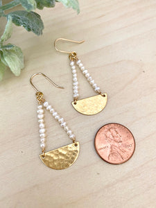 Pearl and Brass Half Moon Earrings