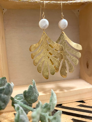 Brass leaf earrings with white coin pearl - 14k gold filled ear wires