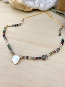 Confetti Colourful Pearl and Gemstone Statement Necklace - Adjustable 16 to 18 inches