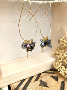 Gold Fill Hoops with Dark Pearls and Gemstone Dangles