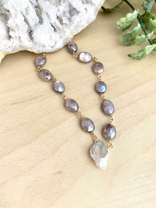 Wire Wrapped Moonstone Necklace with White Keshi Pearl Drop - Sterling Silver
