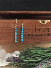 Load image into Gallery viewer, Verticle turquoise bar earrings on 14 k gold fill ear wires and wire 