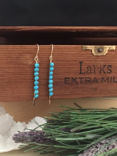 Verticle turquoise bar earrings on 14 k gold fill ear wires and wire 