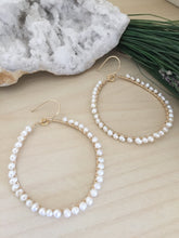 Load image into Gallery viewer, Wire wrapped white freshwater pearl hoop earrings gifts for her Bridal earrings