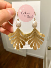 Load image into Gallery viewer, Brass leaf earrings with white coin pearl - 14k gold filled ear wires