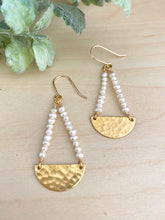 Load image into Gallery viewer, Pearl and Brass Half Moon Earrings