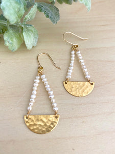 Pearl and Brass Half Moon Earrings