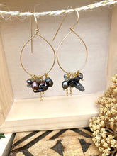 Load image into Gallery viewer, Gold Fill Hoops with Dark Pearls and Gemstone Dangles