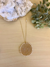 Load image into Gallery viewer, Wire Crochet Sunshine Necklace with Freshwater Pearls - Lacy Pendant Necklace with Pearl detailing