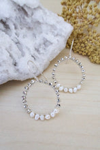 Load image into Gallery viewer, sterling silver hoop earrings with wire wrapped silver pyrite and white freshwater pearls 