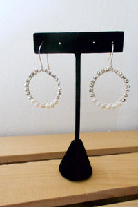 sterling silver Beaded hoop earrings with freshwater pearls and pyrite