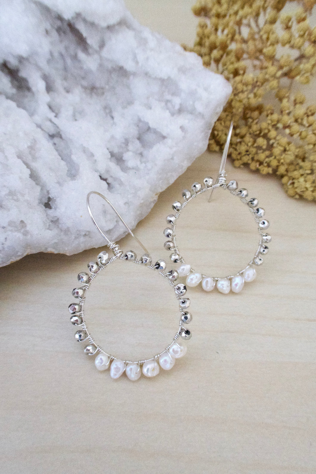 sterling silver hoop earrings with wire wrapped silver pyrite and white freshwater pearls 