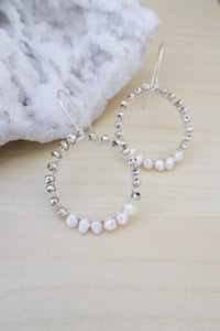 Hoop earrings sterling silver with pearls and silver pyrite wire wrapped beads